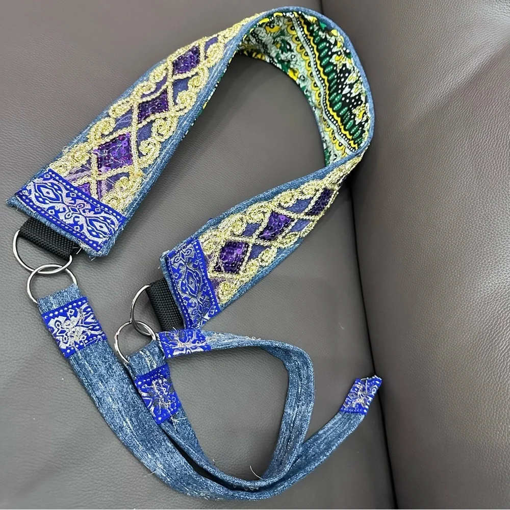 Artisan Denim Belt Handmade OOAK Boho Gold & Purple Sequin 3’ Wide Signed 30-36